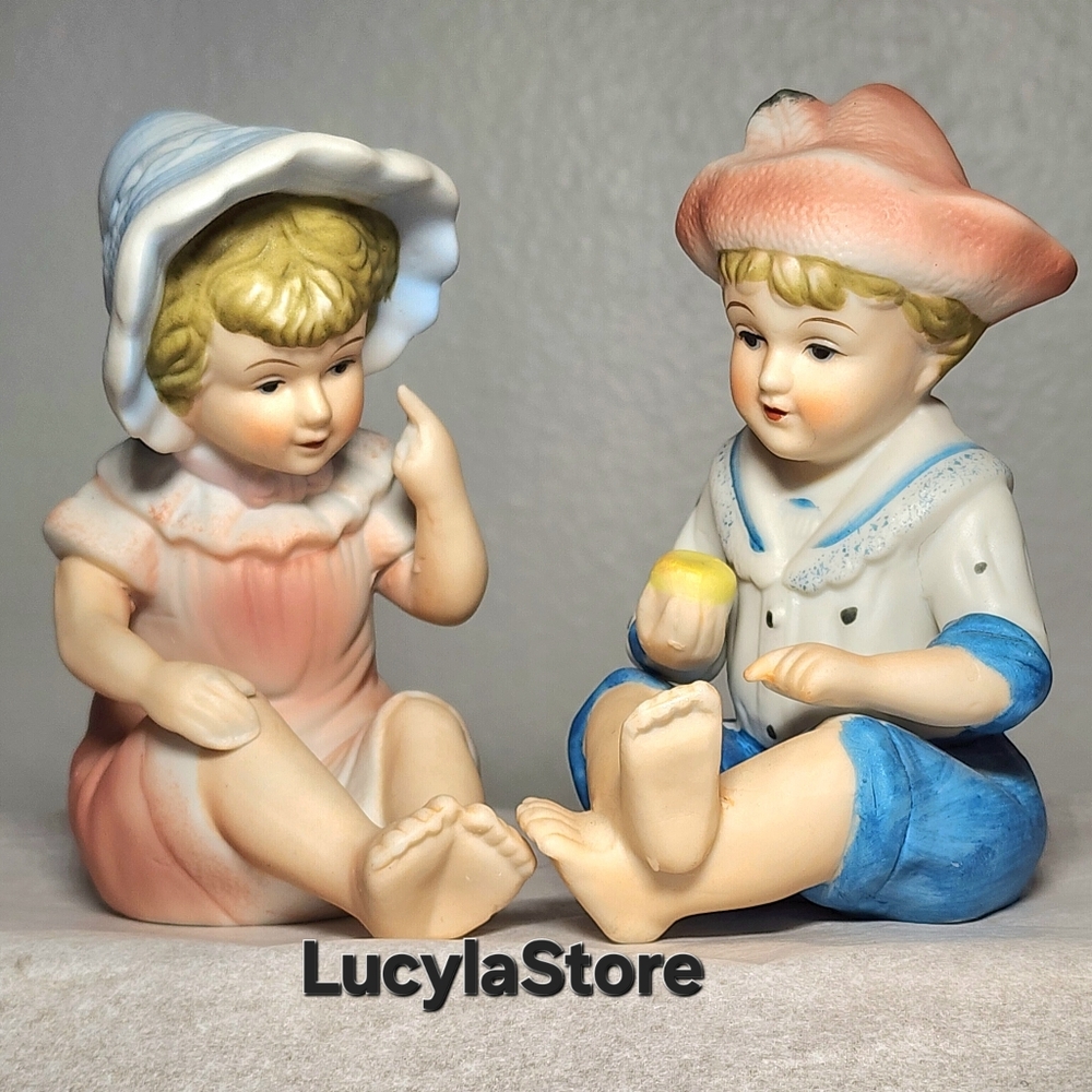 Vintage Girl Boy Piano Baby Figurine Miniature Porcelain dressed in Victorian